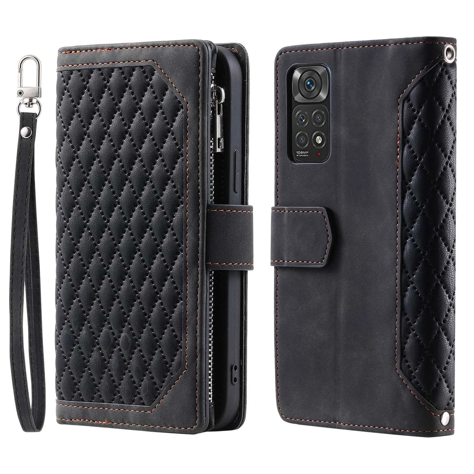 005 Style PU Leather Phone Cover for Xiaomi Redmi Note 11 Pro 4G (Mediatek) / 11 Pro 5G (Qualcomm), Rhombus Texture Zipper Pocket Shell Stand Wallet Case with Strap