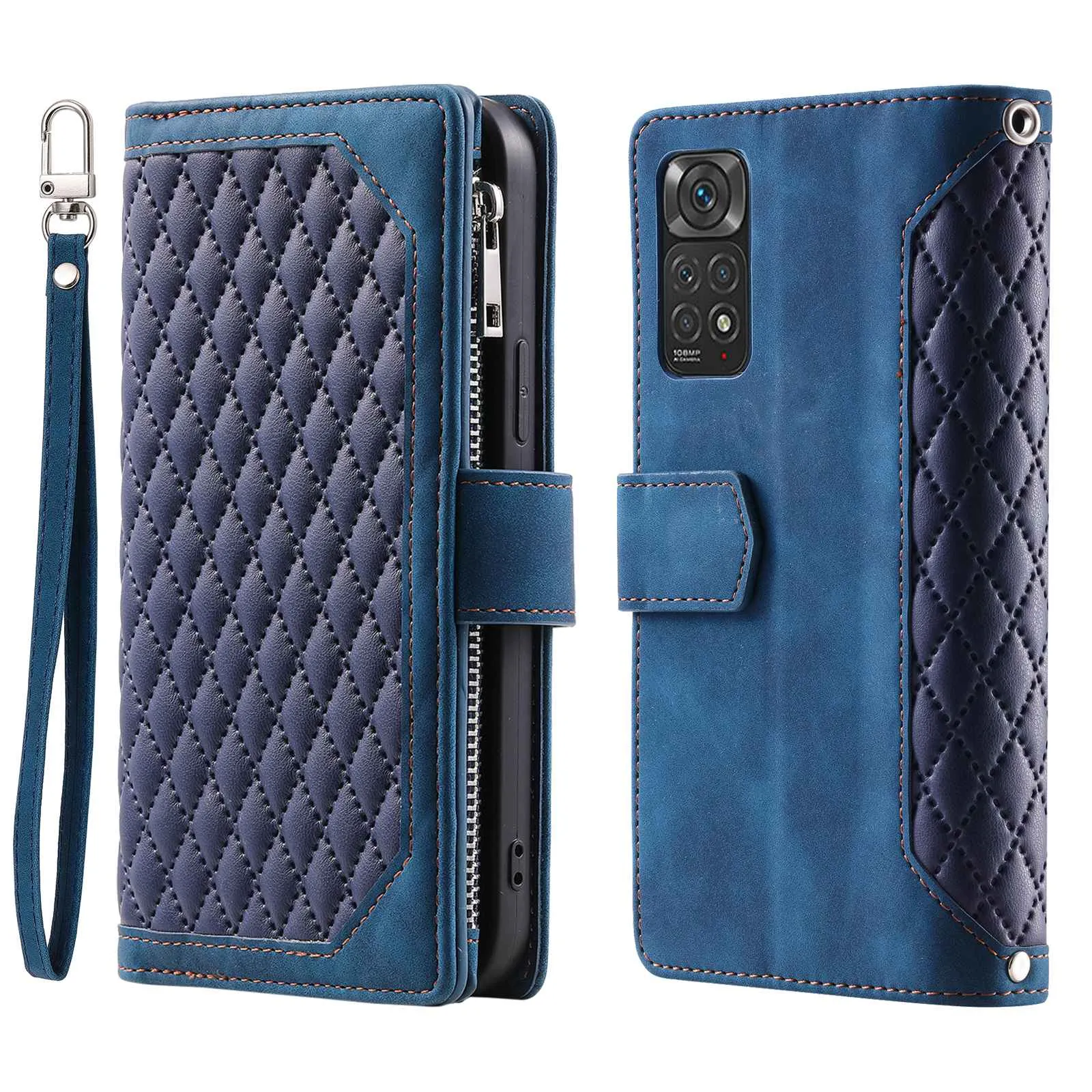 005 Style PU Leather Phone Cover for Xiaomi Redmi Note 11 Pro 4G (Mediatek) / 11 Pro 5G (Qualcomm), Rhombus Texture Zipper Pocket Shell Stand Wallet Case with Strap