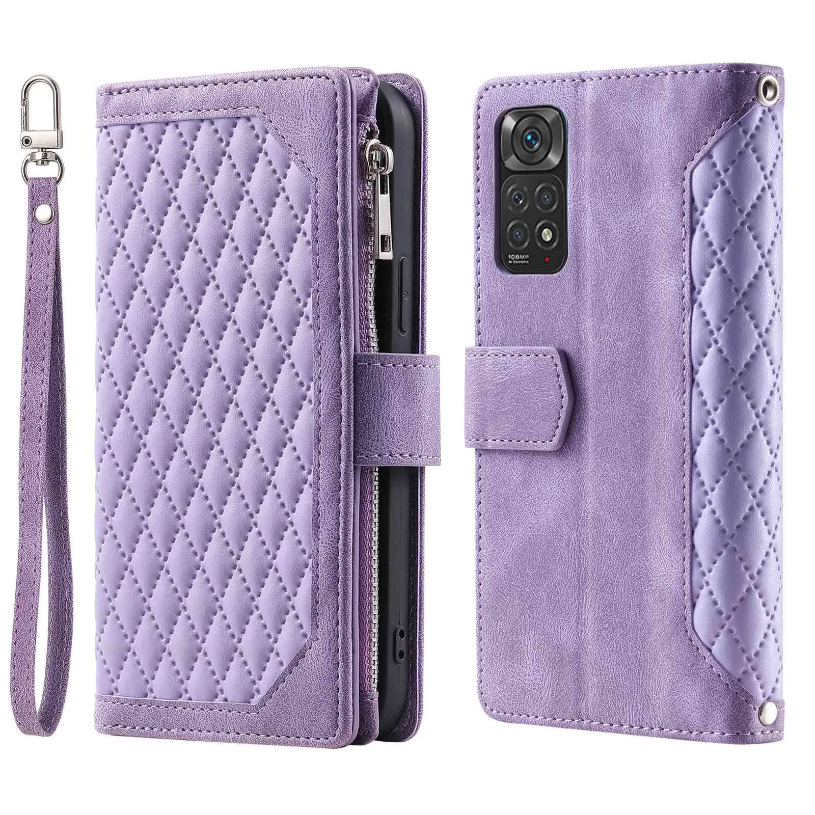 005 Style PU Leather Phone Cover for Xiaomi Redmi Note 11 Pro 4G (Mediatek) / 11 Pro 5G (Qualcomm), Rhombus Texture Zipper Pocket Shell Stand Wallet Case with Strap