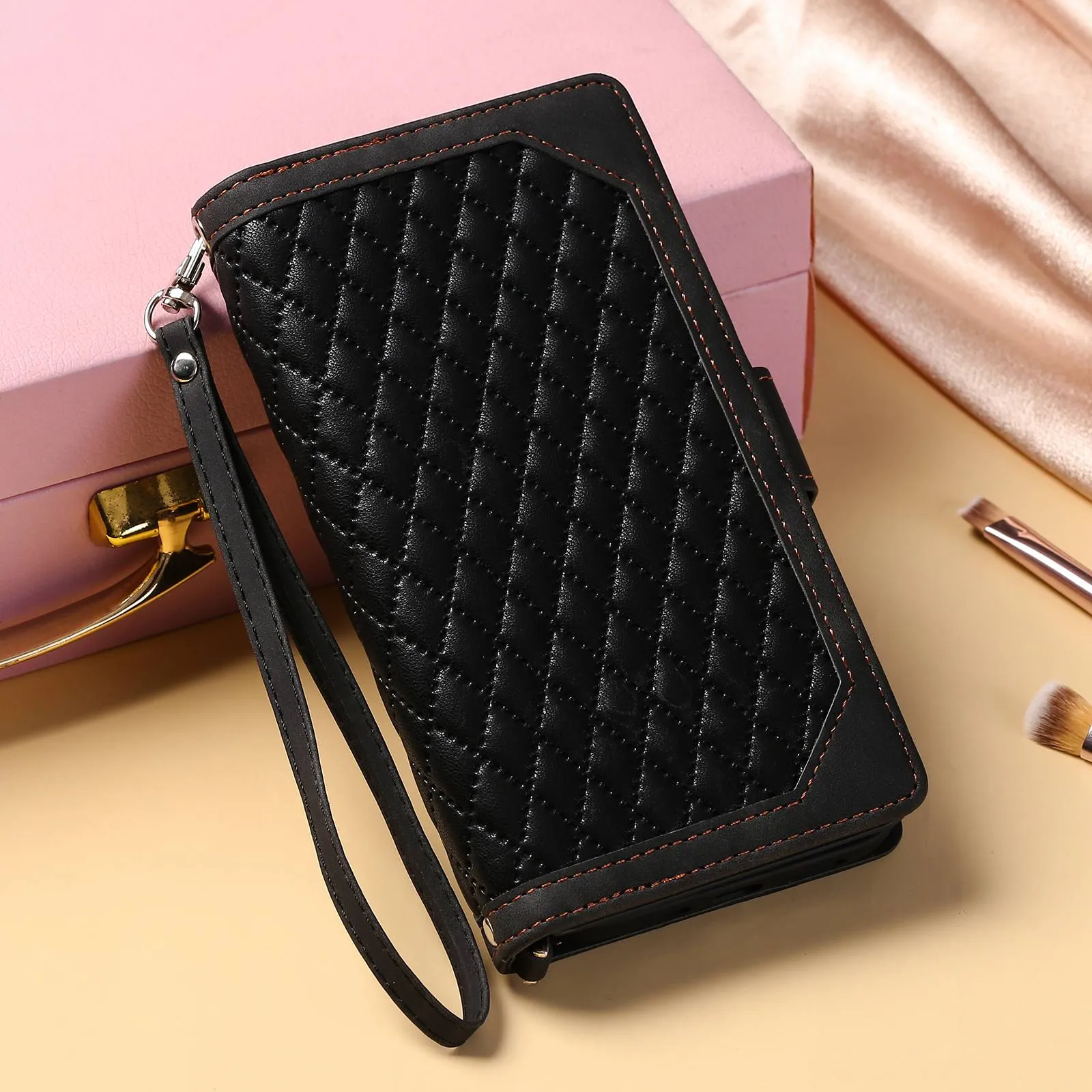 005 Style PU Leather Phone Cover for Xiaomi Redmi Note 11 Pro 4G (Mediatek) / 11 Pro 5G (Qualcomm), Rhombus Texture Zipper Pocket Shell Stand Wallet Case with Strap