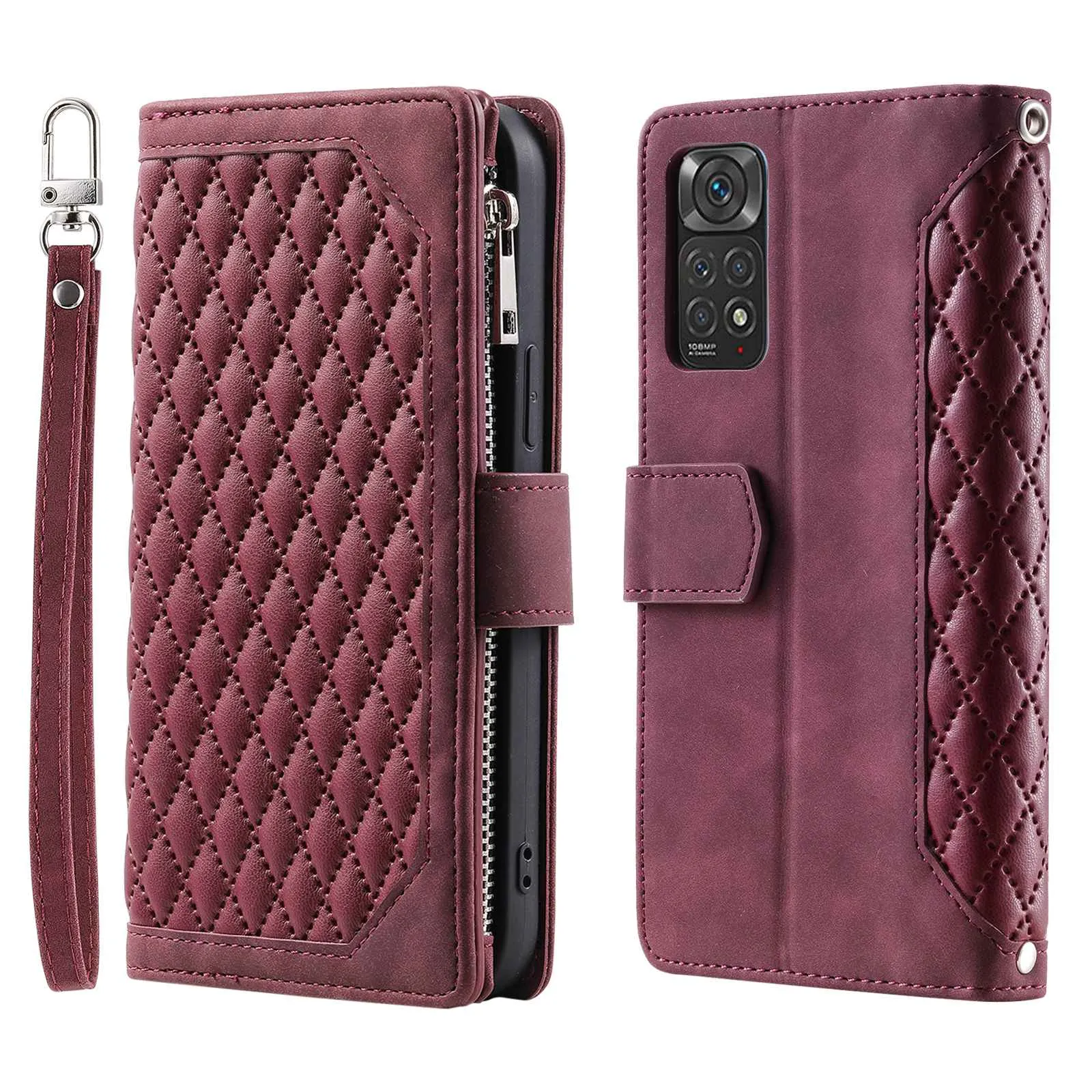 005 Style PU Leather Phone Cover for Xiaomi Redmi Note 11 Pro 4G (Mediatek) / 11 Pro 5G (Qualcomm), Rhombus Texture Zipper Pocket Shell Stand Wallet Case with Strap