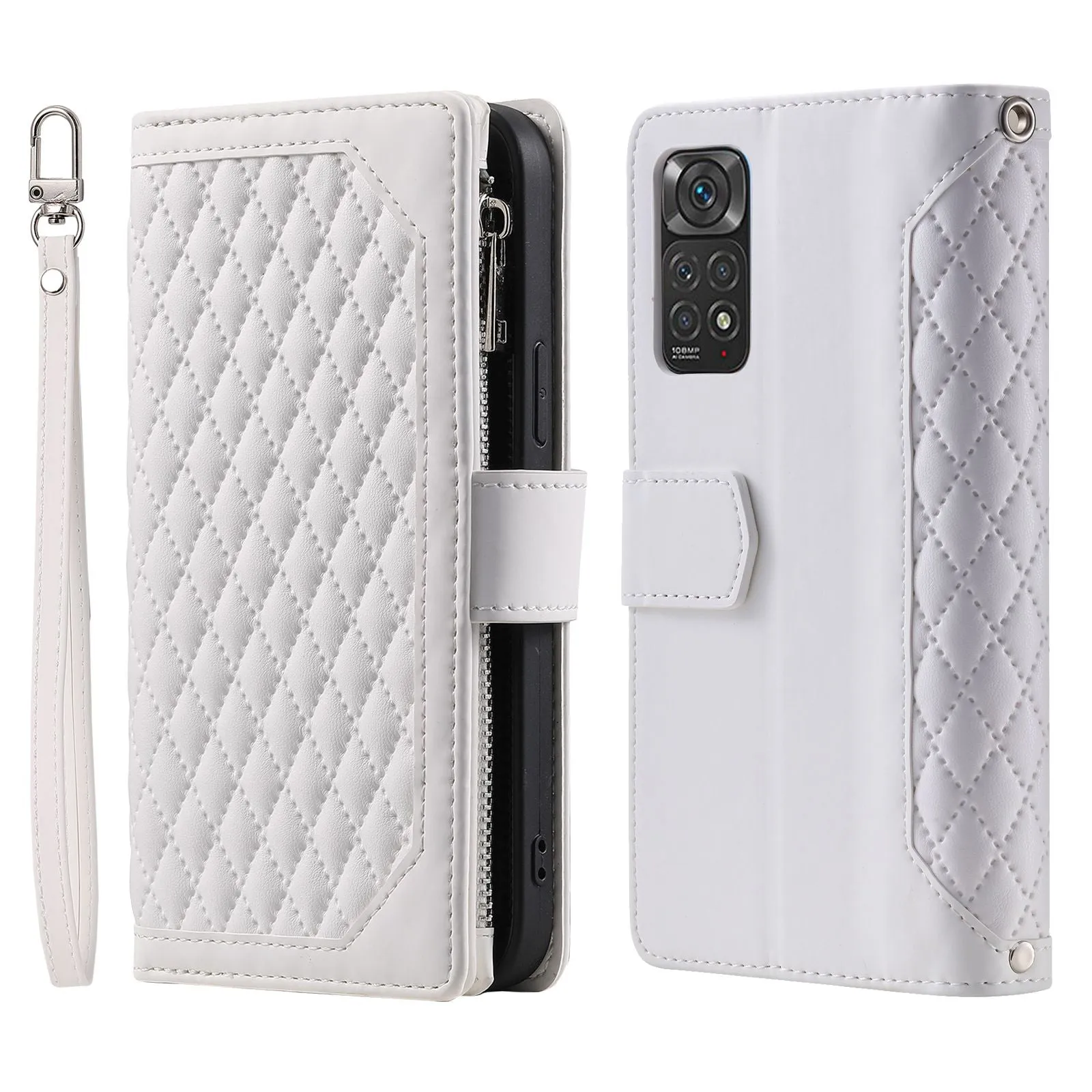 005 Style PU Leather Phone Cover for Xiaomi Redmi Note 11 Pro 4G (Mediatek) / 11 Pro 5G (Qualcomm), Rhombus Texture Zipper Pocket Shell Stand Wallet Case with Strap