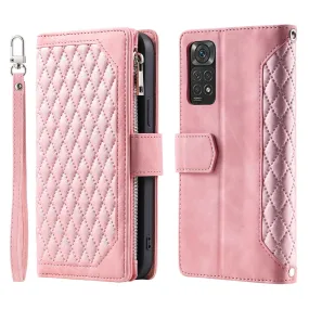 005 Style PU Leather Phone Cover for Xiaomi Redmi Note 11 Pro 4G (Mediatek) / 11 Pro 5G (Qualcomm), Rhombus Texture Zipper Pocket Shell Stand Wallet Case with Strap