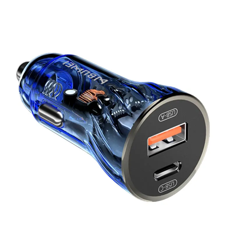 12V-24V Dual USB Transparent Car Charger 30W PD   QC4.0 Super Fast Charge for Apple Huawei Xiaomi Oppo Vivo