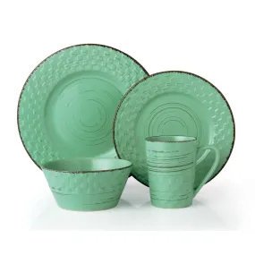 16 Piece Distressed Weave Dinnerware Set Green