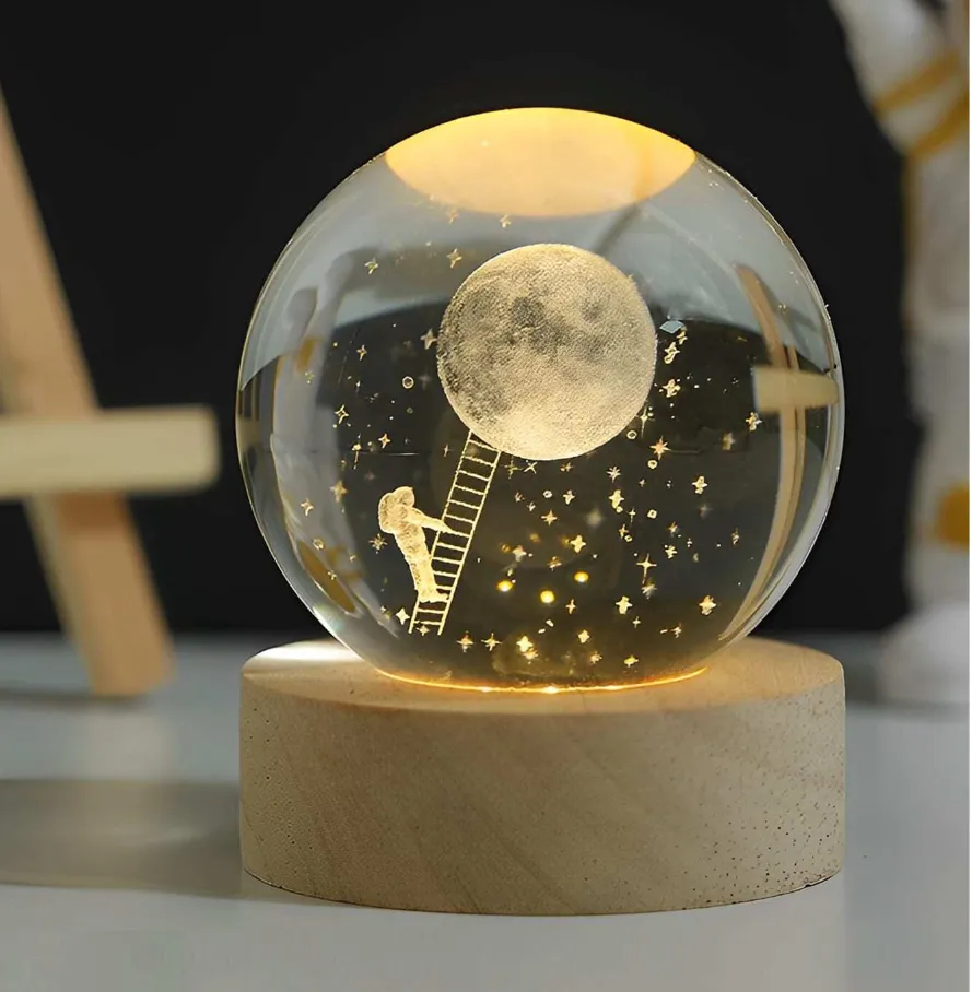 3D Galaxy Crystal Ball LED Night Light With Wooden Base