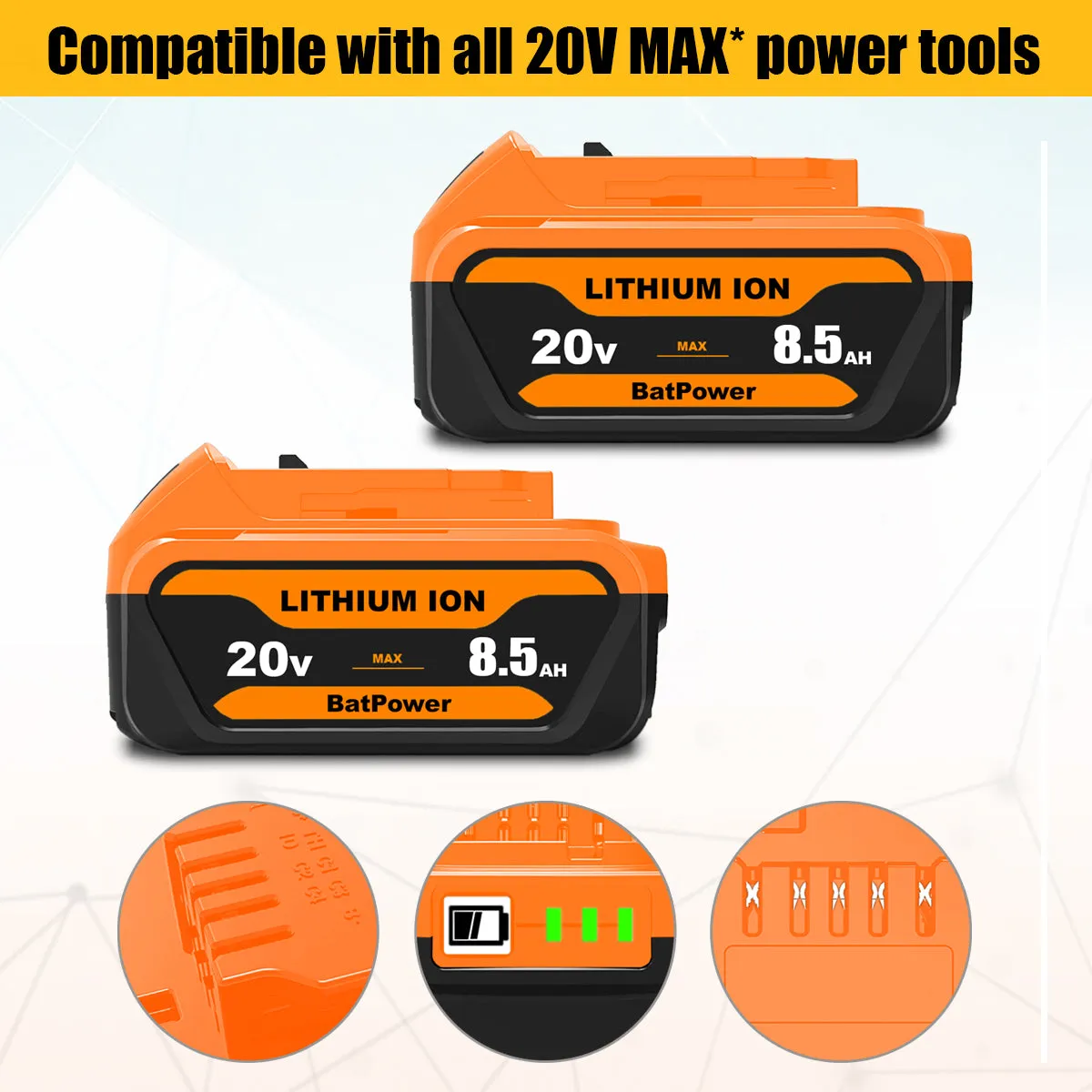 8.5Ah DCB208 20V Lithium Battery Replacement for Dewalt 20V Max XR Battery 8.0 Ah DCB208 7Ah DCB207 6Ah DCB206 5Ah DCB204 4Ah Compatible with Dewalt 20v Battery 8.0Ah 7.0Ah 6.0Ah 5.0Ah 4.0Ah