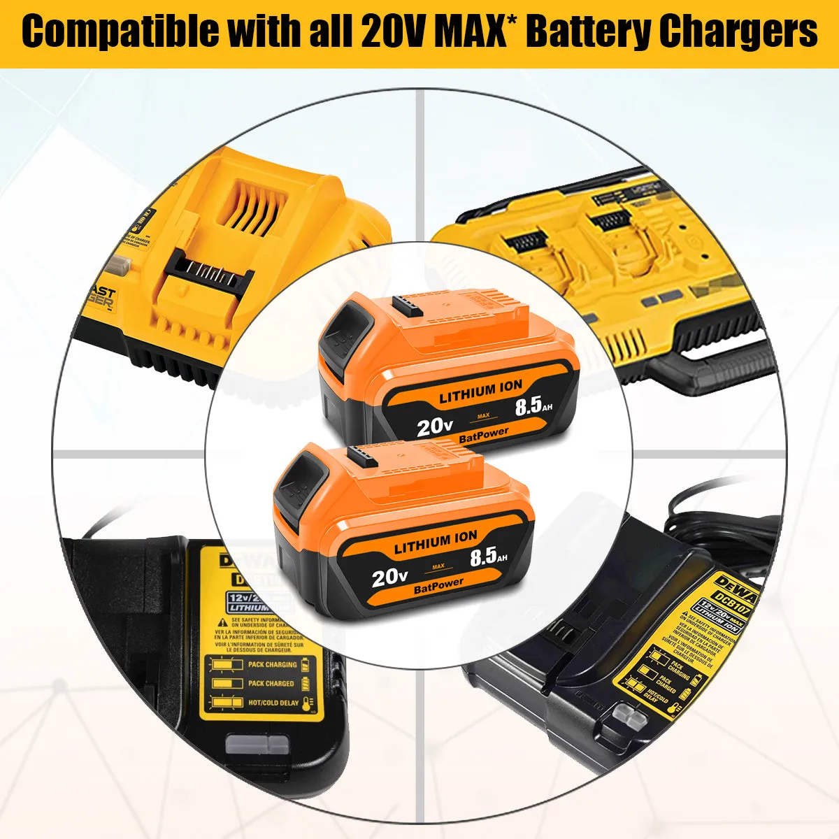 8.5Ah DCB208 20V Lithium Battery Replacement for Dewalt 20V Max XR Battery 8.0 Ah DCB208 7Ah DCB207 6Ah DCB206 5Ah DCB204 4Ah Compatible with Dewalt 20v Battery 8.0Ah 7.0Ah 6.0Ah 5.0Ah 4.0Ah