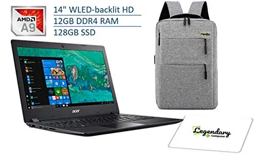 Acer 2020 Aspire 3 14 Inch HD Laptop, AMD Dual Core A9-9420e, AMD Radeon R5, 12GB DDR4 RAM, 128GB SSD, HDMI, WiFi, Windows 10 S, W/ Legendary Computer Backpack & Mouse Pad Bundle