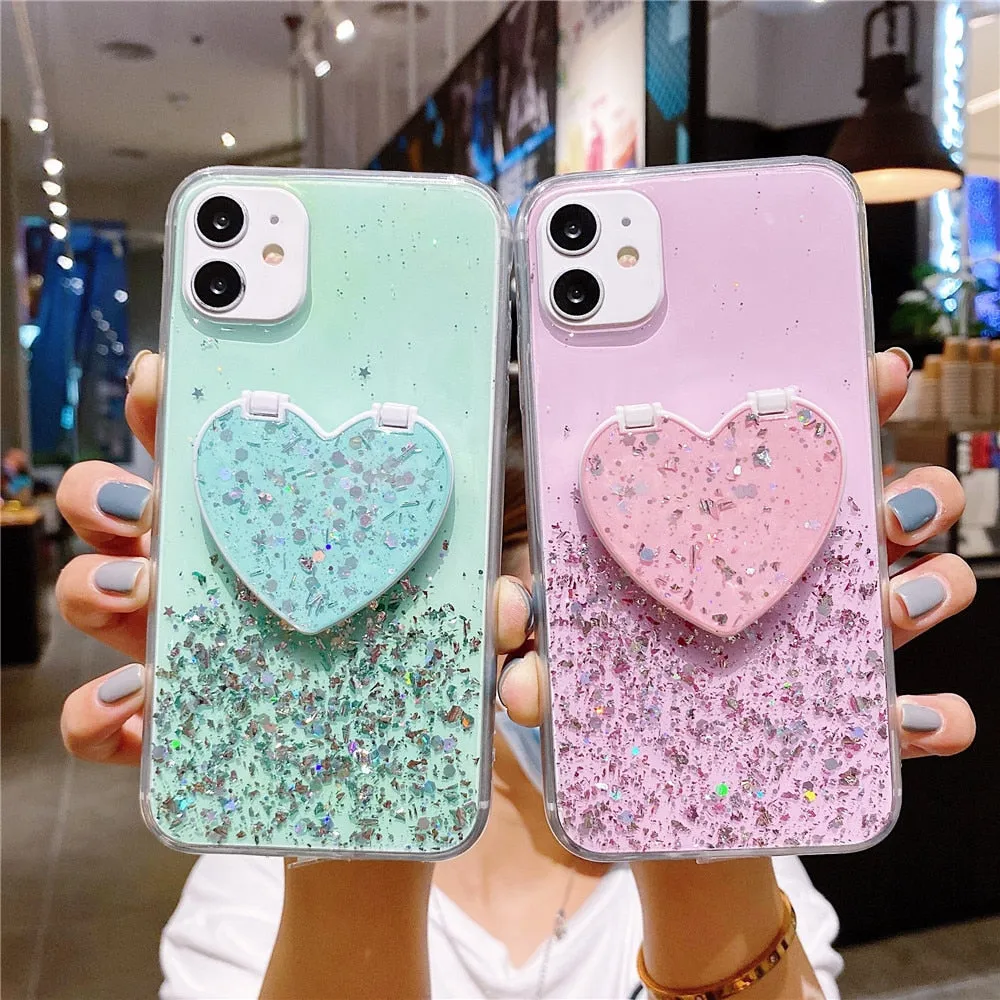 Anymob iPhone Blue Sequins Glitter Case Love Heart Mirror Holder Stand Cover