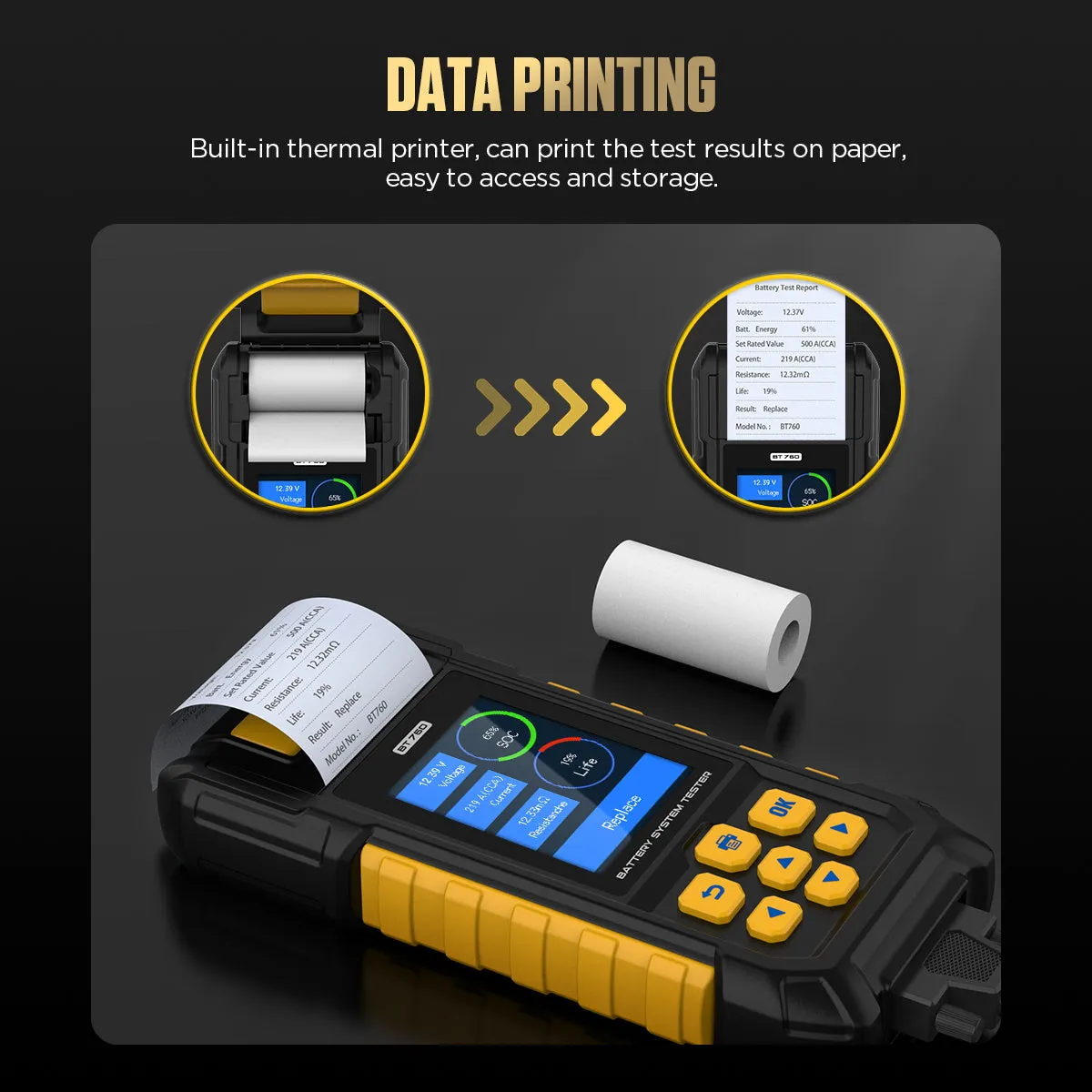 AUTOOL BT760 Battery Tester with Printer & Color Screen Cranking/Charging/Max Load Test.