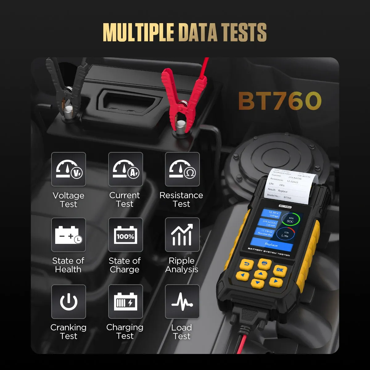 AUTOOL BT760 Battery Tester with Printer & Color Screen Cranking/Charging/Max Load Test.