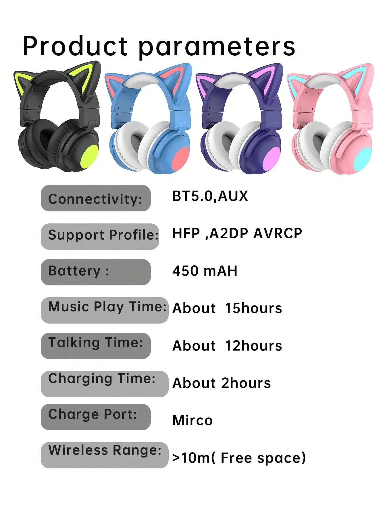 Cat style gaming headset with colorful LED lights, long playback, with microphone, foldable, with deep bass, HiFi stereo suitable for tablets and mobile phones