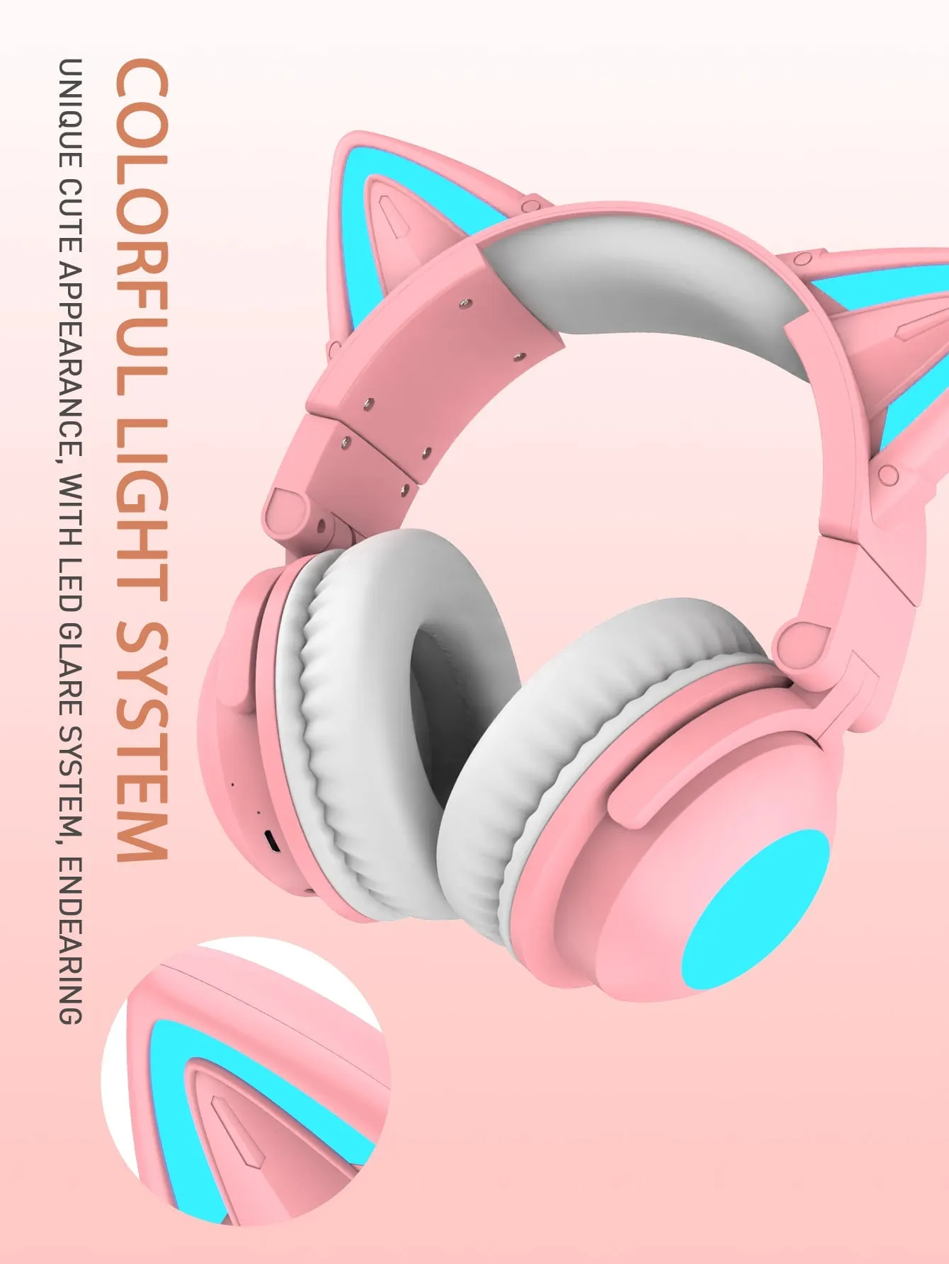 Cat style gaming headset with colorful LED lights, long playback, with microphone, foldable, with deep bass, HiFi stereo suitable for tablets and mobile phones