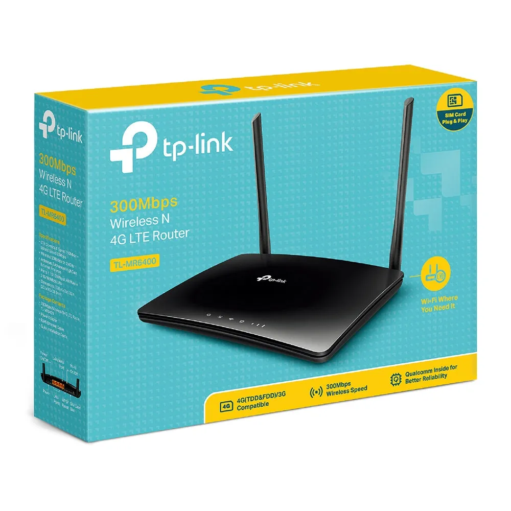 [CLEARANCE] TP-Link TL-MR6400 300Mbps Wireless N 4G LTE Router 2.4GHz with Built-in SIM Card Slot, 150Mbps 4G LTE Modem, 3x Fast Ethernet LAN Ports, 10/100Mbps LAN/WAN Port, Parental Controls, QoS, Cloud Support, Works with Tether App