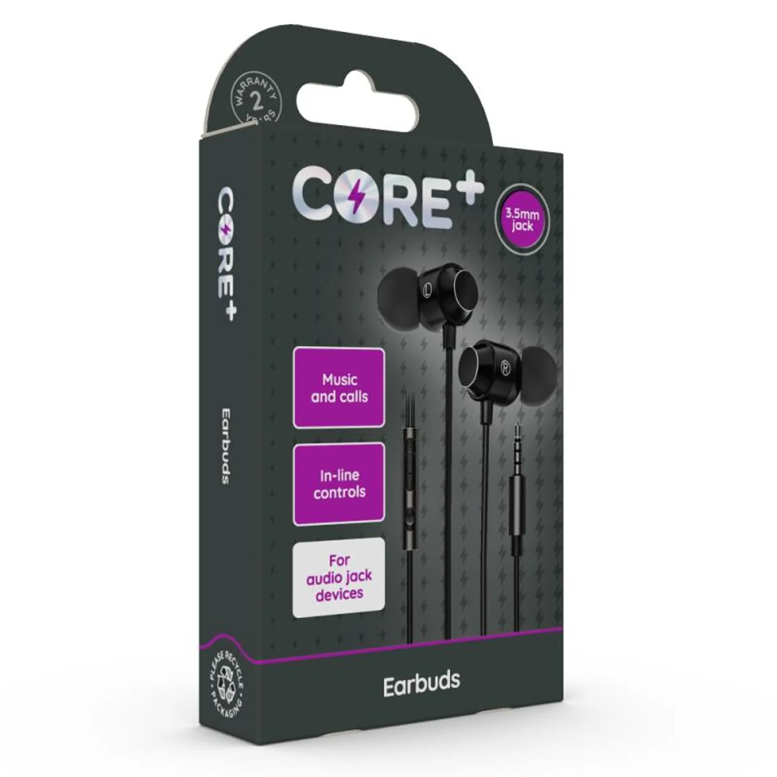 Core  Black Earbuds 3.5mm 1.2m