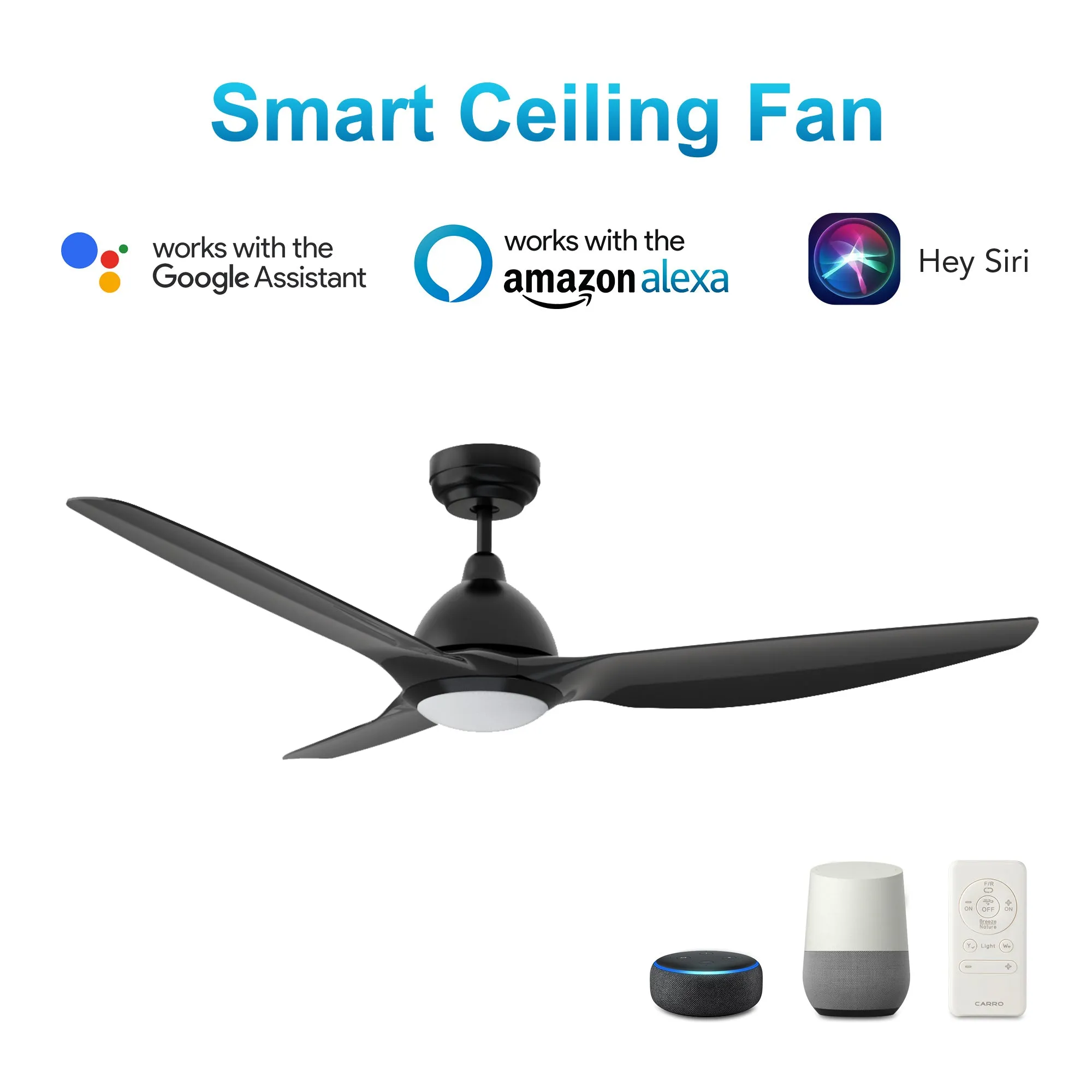 CRANSTON 52 inch 3-Blade Smart Ceiling Fan with LED Light Kit & Remote - Black/Black