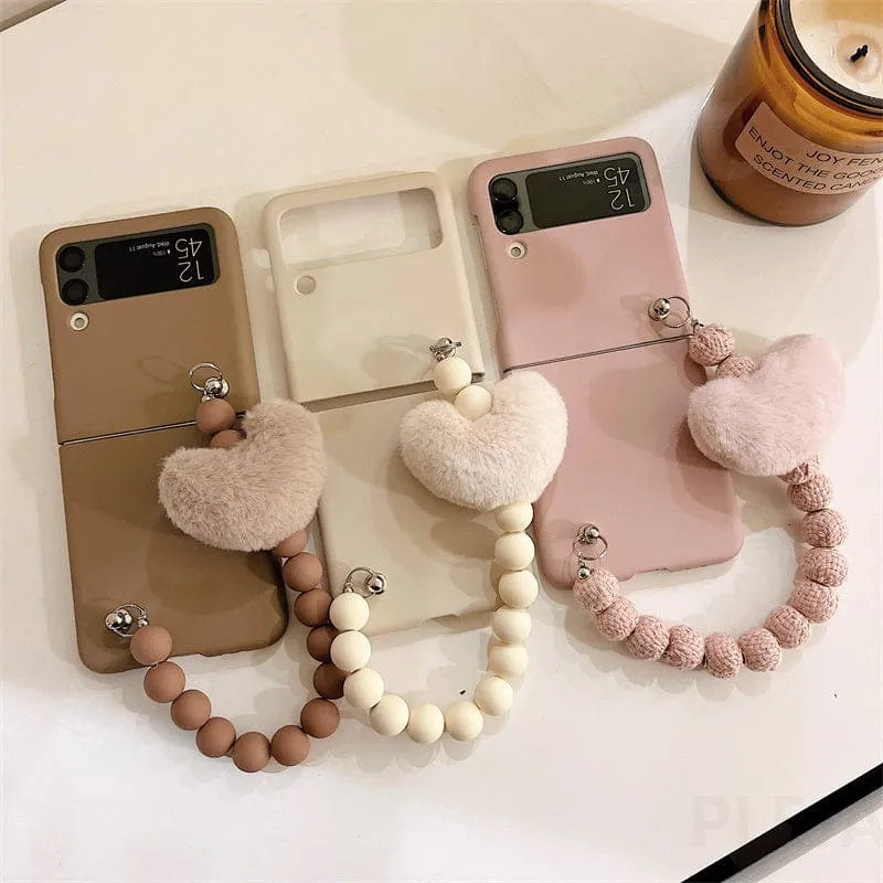 Cute Fluffy Heart Pompom Hand Rope Solid Phone Case For Samsung Z Flip 3