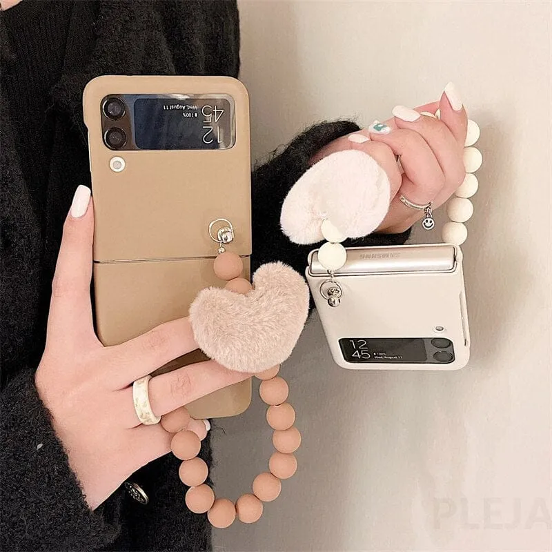 Cute Fluffy Heart Pompom Hand Rope Solid Phone Case For Samsung Z Flip 3