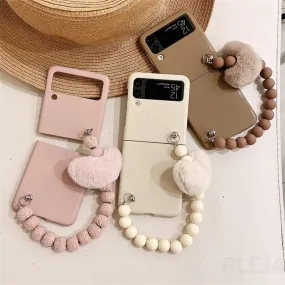 Cute Fluffy Heart Pompom Hand Rope Solid Phone Case For Samsung Z Flip 3