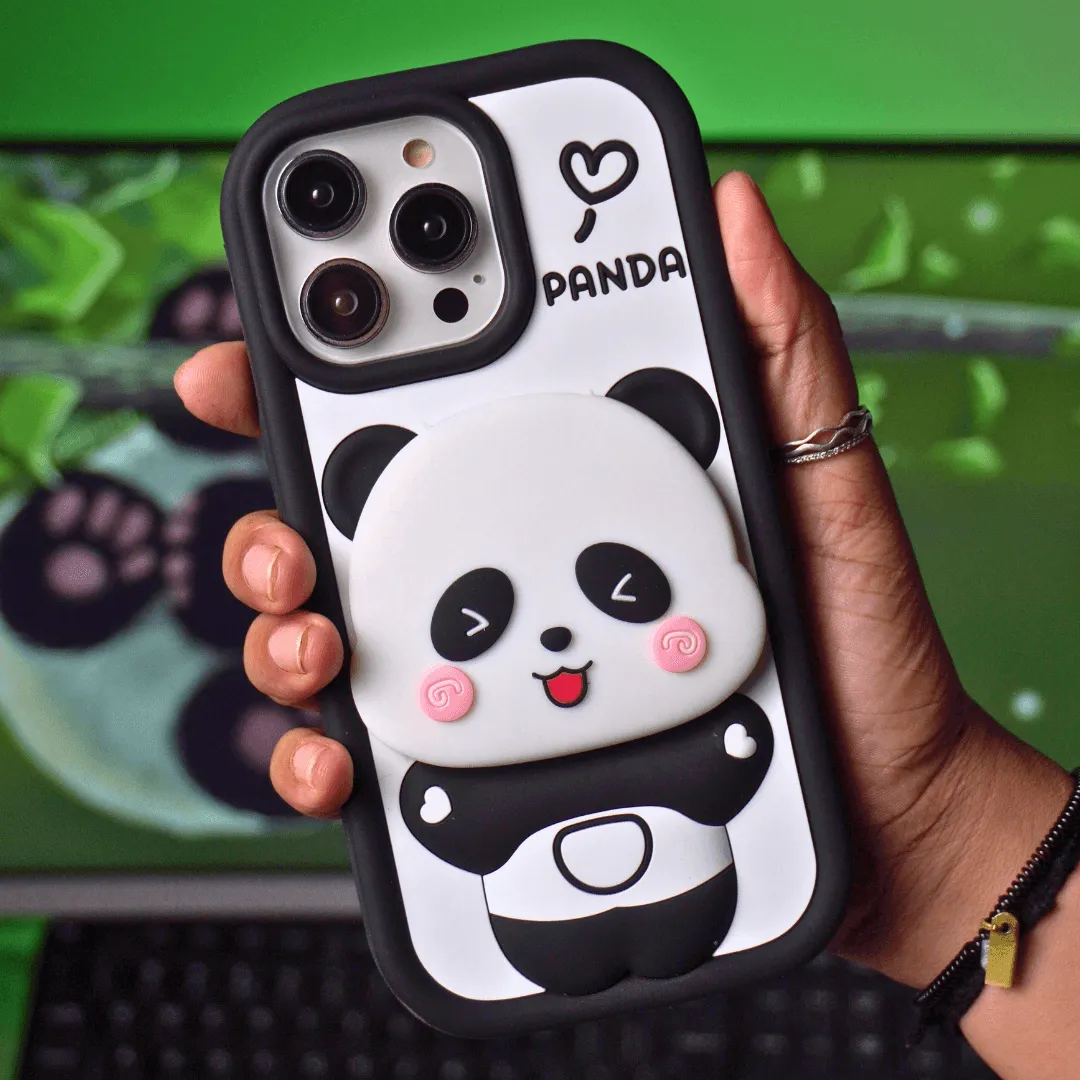 Cute Panda With Mirror Stand Silicon Phone Case For iPhone 13 Pro Max