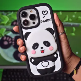 Cute Panda With Mirror Stand Silicon Phone Case For iPhone 15 Pro