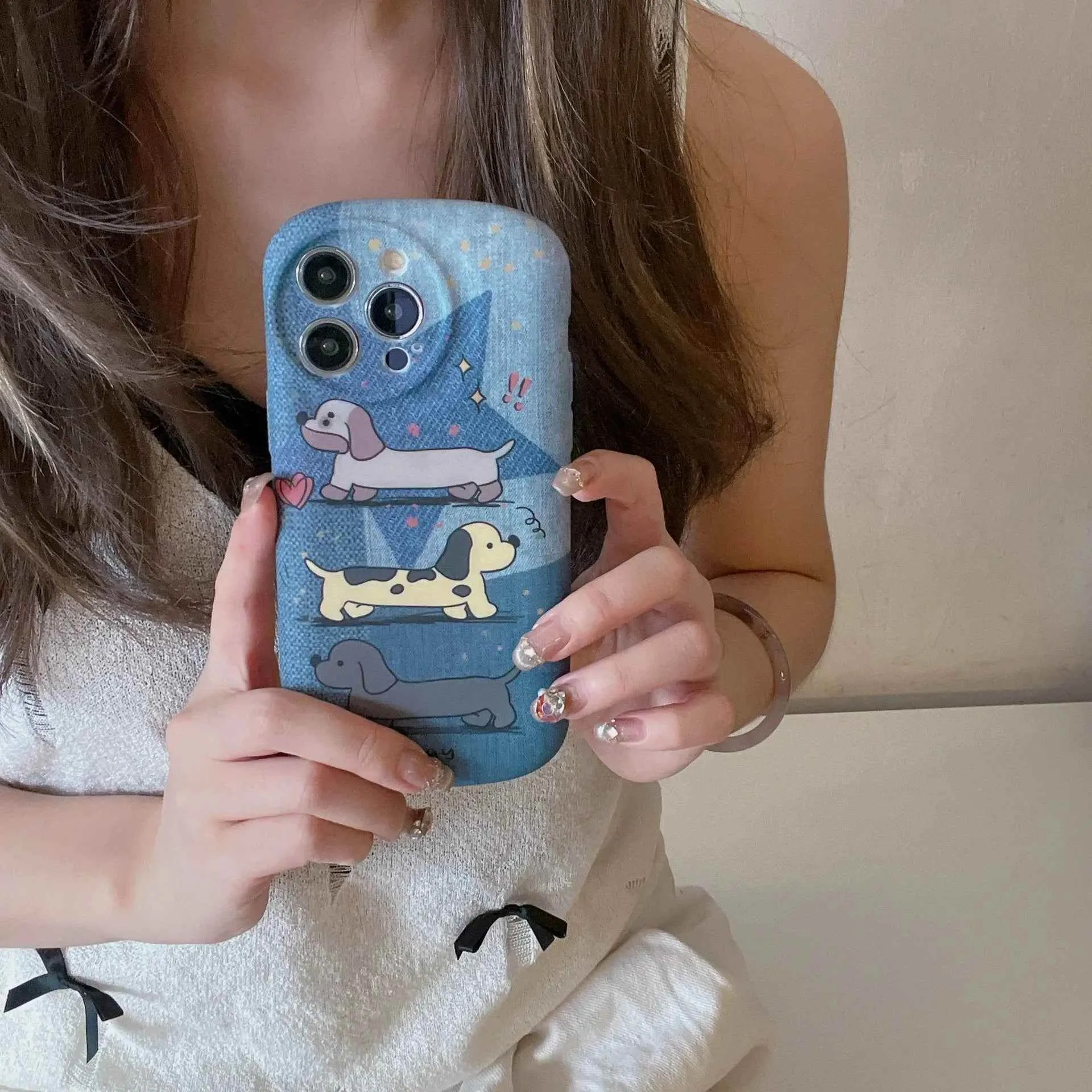 Cute Phone Cases - Dachshund Puppy Denim Cartoon Cover for iPhone 15, 14, 13, 12, 11, Pro Max - TSP380