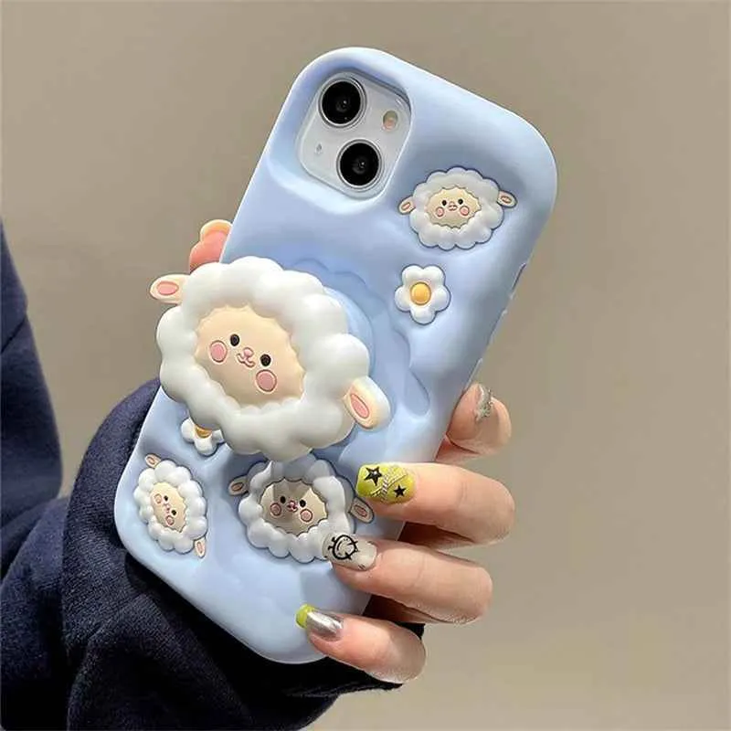 Cute Phone Cases For iPhone 15, 13, 14, 12 Pro Max, 11, and 14 Pro Max - White Sheep - Folding Stand Holder  - TSP253