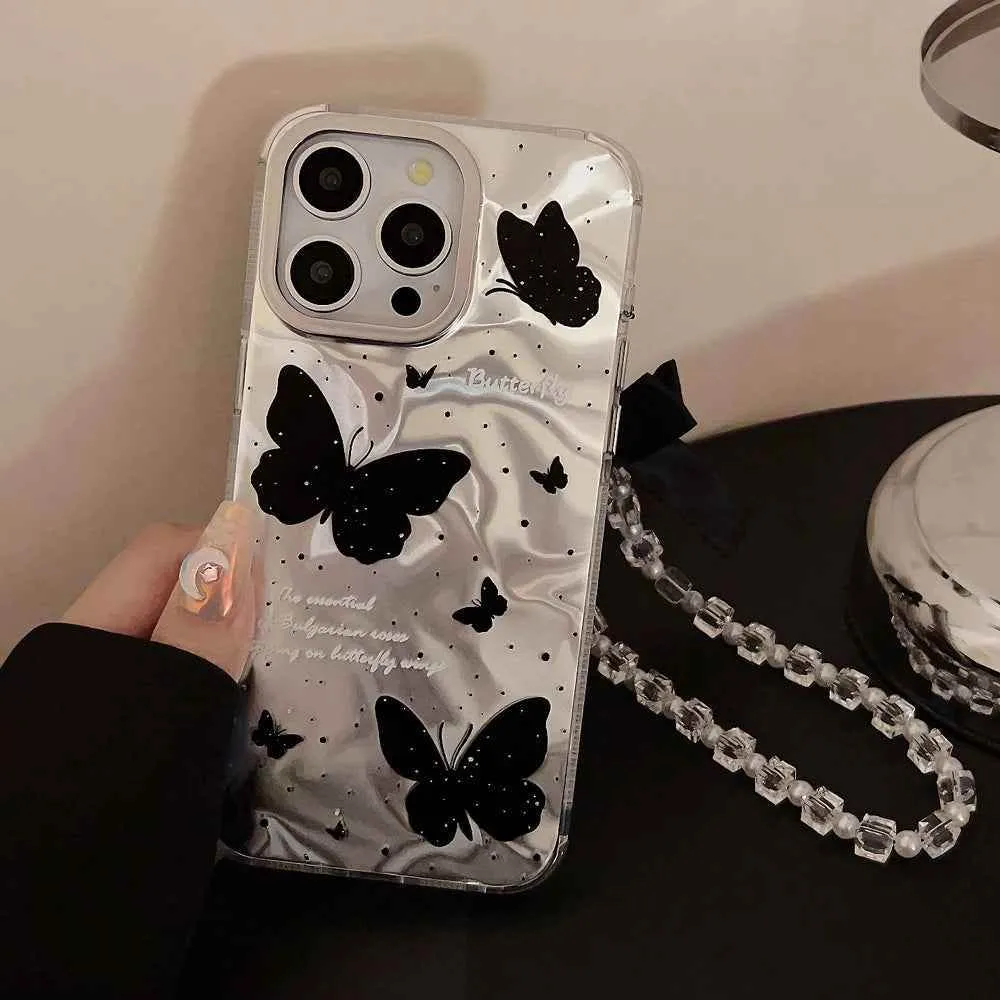 Cute Phone Cases for iPhone 15, 14, 13, 12 Pro Max, and Plus models - Butterfly Pattern With 3D Bow Bracelet - TSP341