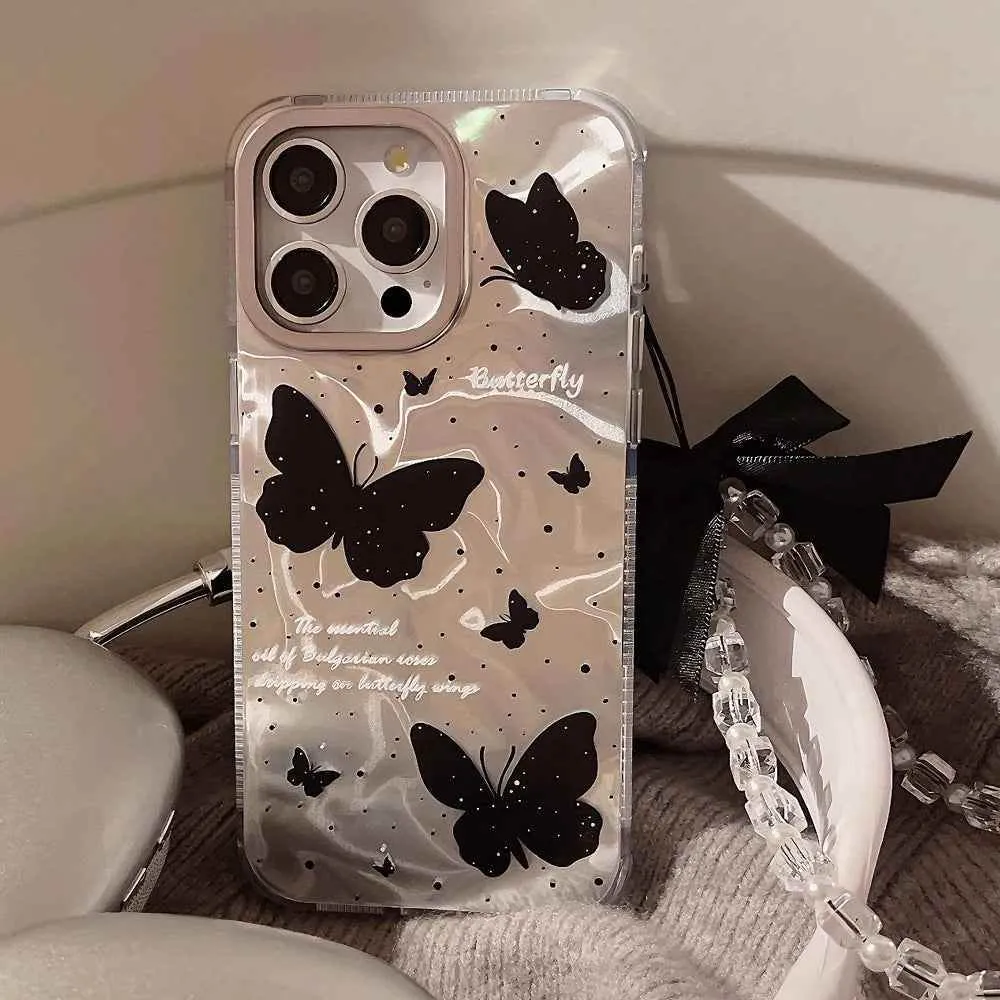 Cute Phone Cases for iPhone 15, 14, 13, 12 Pro Max, and Plus models - Butterfly Pattern With 3D Bow Bracelet - TSP341