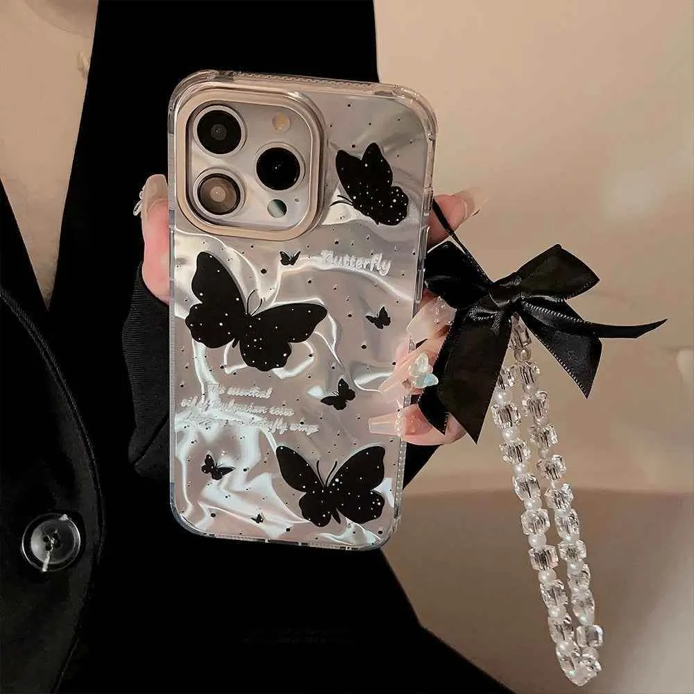 Cute Phone Cases for iPhone 15, 14, 13, 12 Pro Max, and Plus models - Butterfly Pattern With 3D Bow Bracelet - TSP341