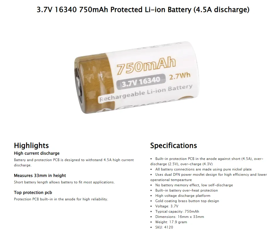 EAGTAC D3C 16340 Battery 3.7v 750mAh Protected Li-ion Rechargeable Battery  **** HAS TO BE SHIPPED WITH FLASLIGHT   FEDEX ***