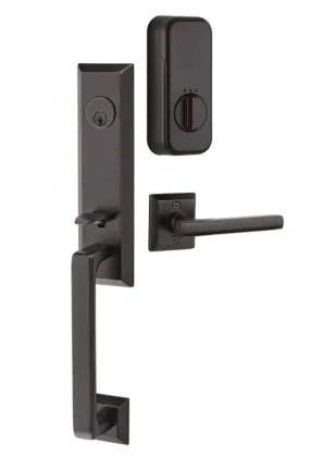 Emtek Single Cylinder Transitional Heritage Monolithic Handleset EMPowered Motorized Smart Lock Upgrade With Astoria Glass Knob