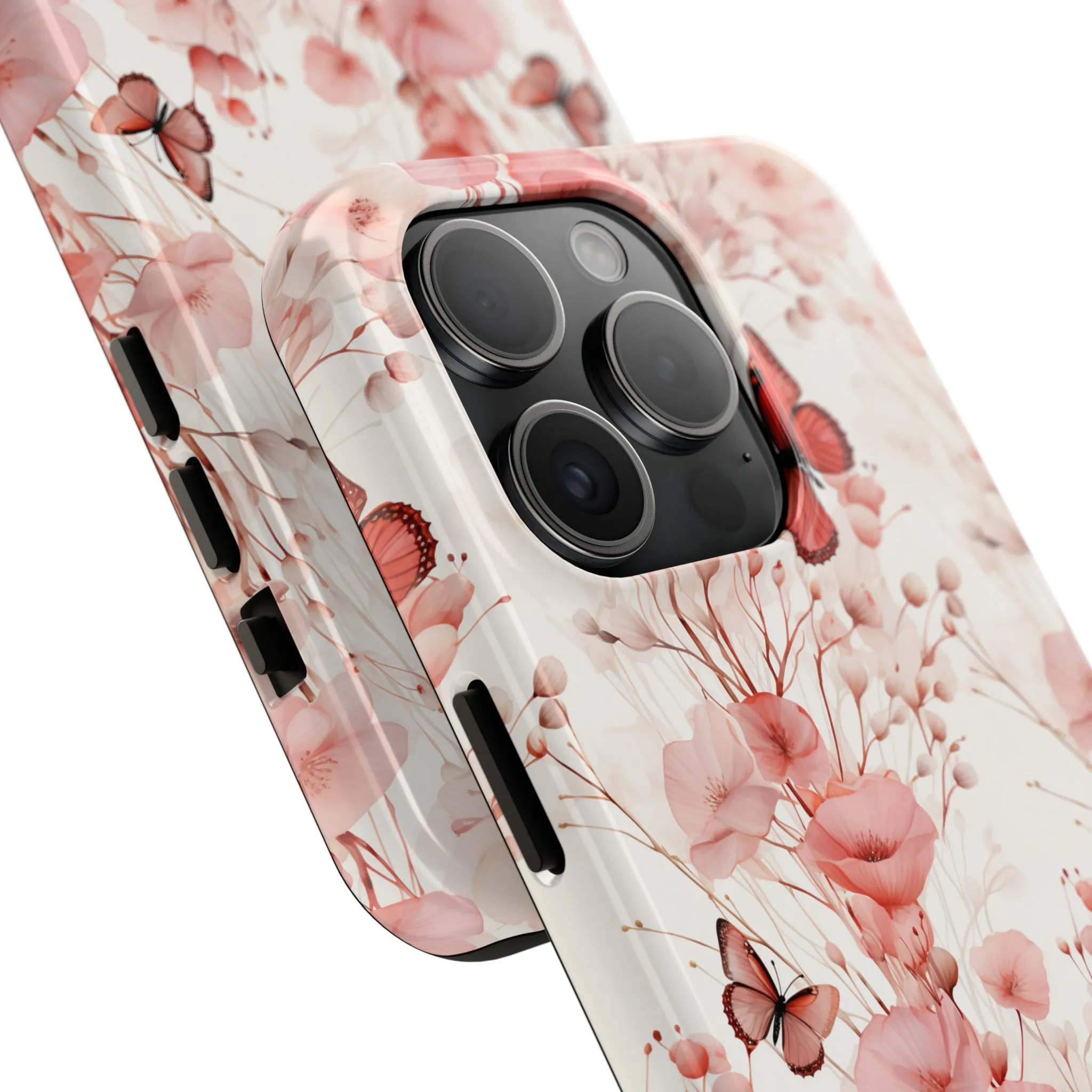 Floral Butterfly iPhone Case, Elegant Pink Blossoms and Butterflies Phone Cover, Nature-Inspired Protective Case for iPhone Models, Tough iPhone Case