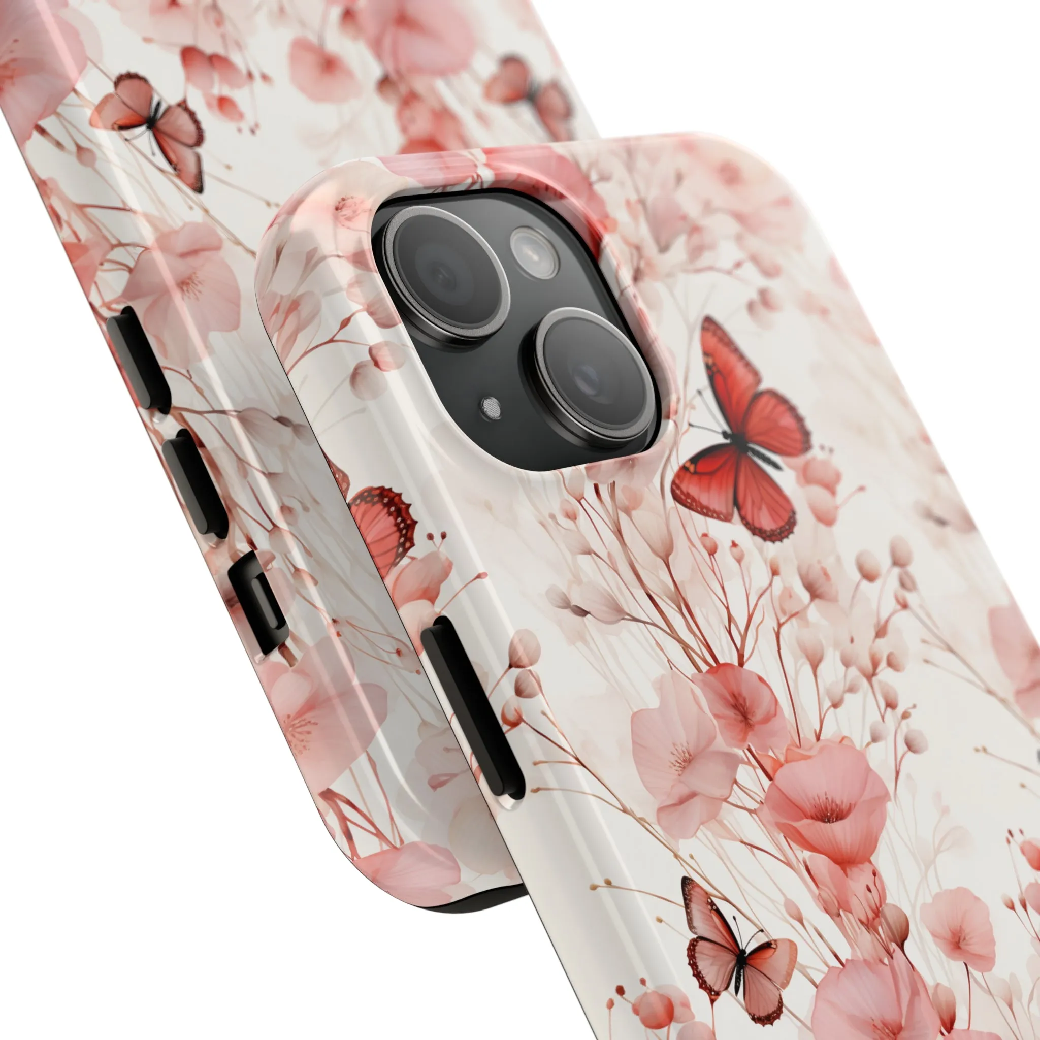 Floral Butterfly iPhone Case, Elegant Pink Blossoms and Butterflies Phone Cover, Nature-Inspired Protective Case for iPhone Models, Tough iPhone Case