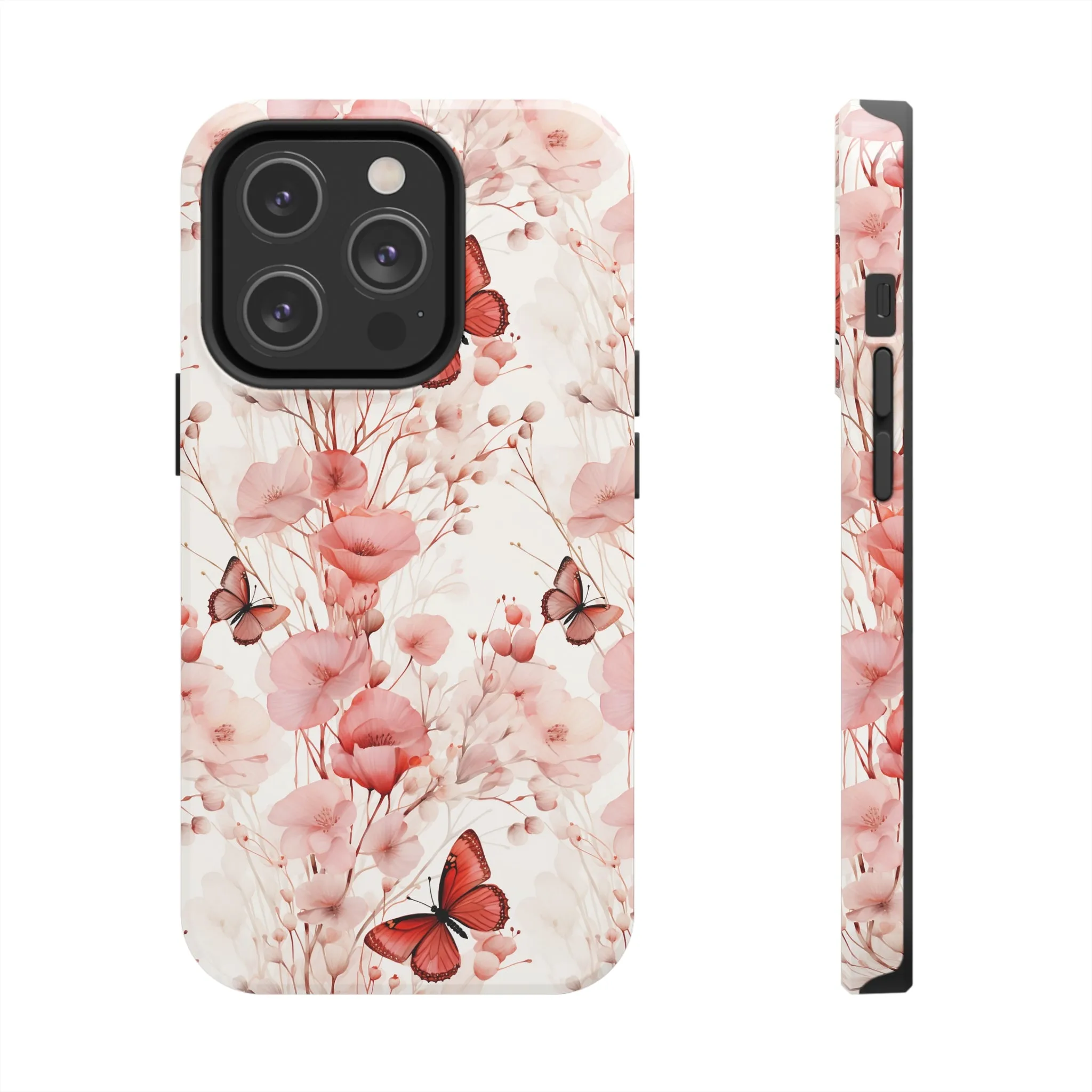 Floral Butterfly iPhone Case, Elegant Pink Blossoms and Butterflies Phone Cover, Nature-Inspired Protective Case for iPhone Models, Tough iPhone Case