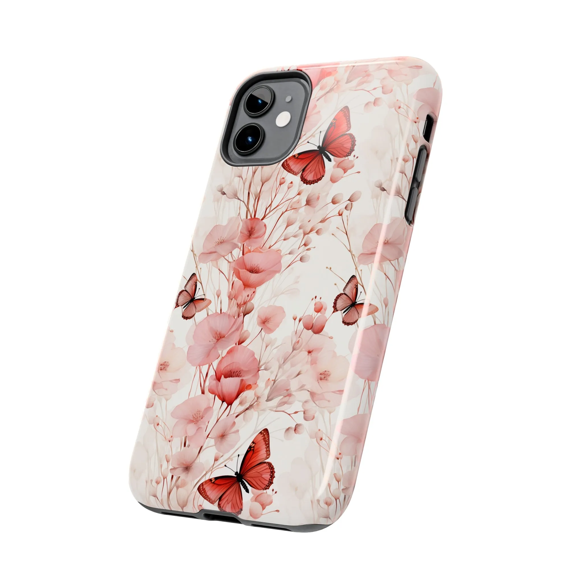 Floral Butterfly iPhone Case, Elegant Pink Blossoms and Butterflies Phone Cover, Nature-Inspired Protective Case for iPhone Models, Tough iPhone Case