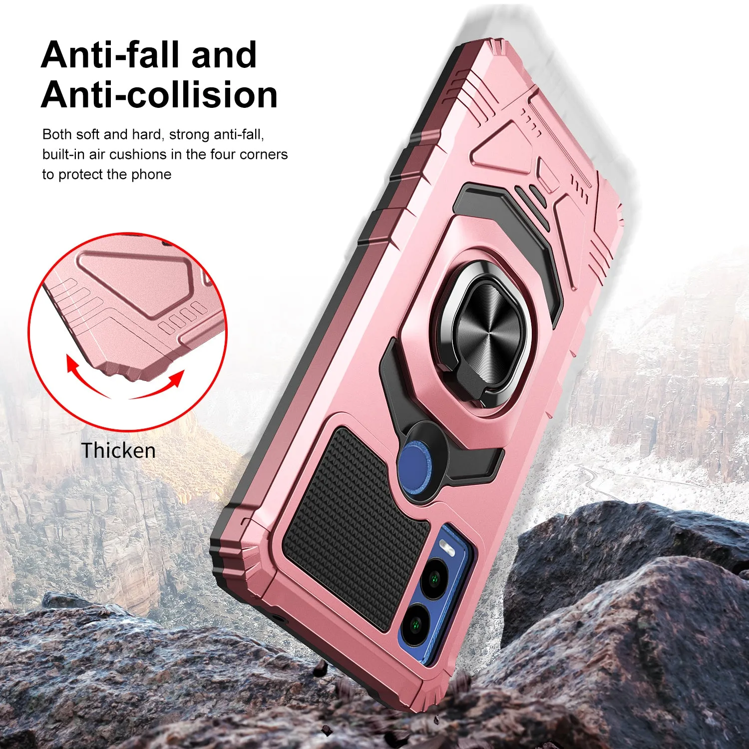 For Cricket Innovate E 5G Case [Military Grade] Ring Car Mount Kickstand w/[Tempered Glass] Hybrid Hard PC Soft TPU Shockproof Protective Case - Rose Gold