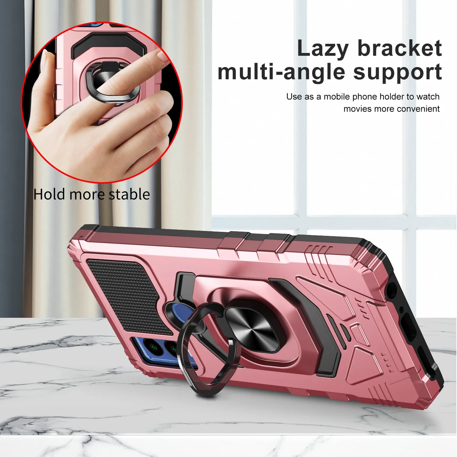 For Cricket Innovate E 5G Case [Military Grade] Ring Car Mount Kickstand w/[Tempered Glass] Hybrid Hard PC Soft TPU Shockproof Protective Case - Rose Gold