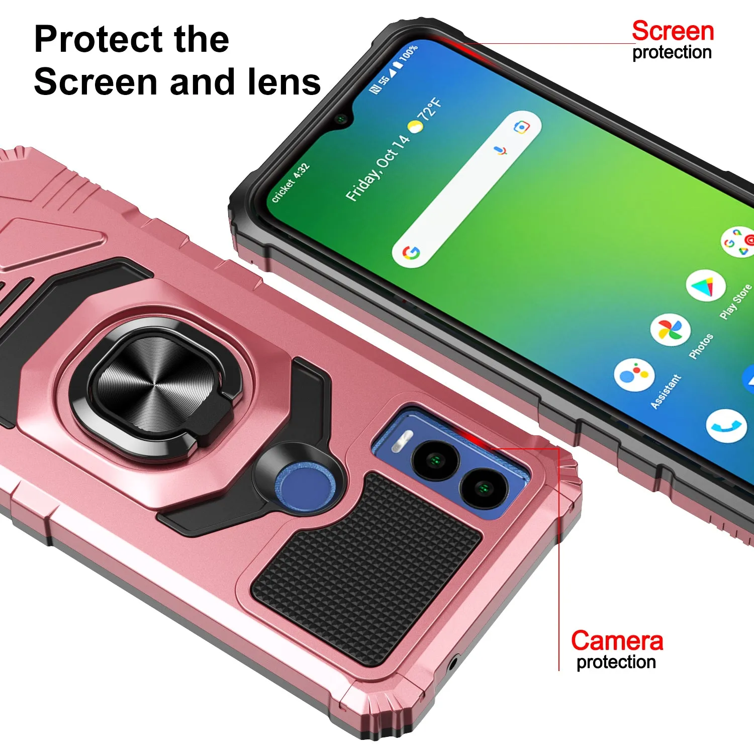 For Cricket Innovate E 5G Case [Military Grade] Ring Car Mount Kickstand w/[Tempered Glass] Hybrid Hard PC Soft TPU Shockproof Protective Case - Rose Gold