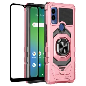 For Cricket Innovate E 5G Case [Military Grade] Ring Car Mount Kickstand w/[Tempered Glass] Hybrid Hard PC Soft TPU Shockproof Protective Case - Rose Gold