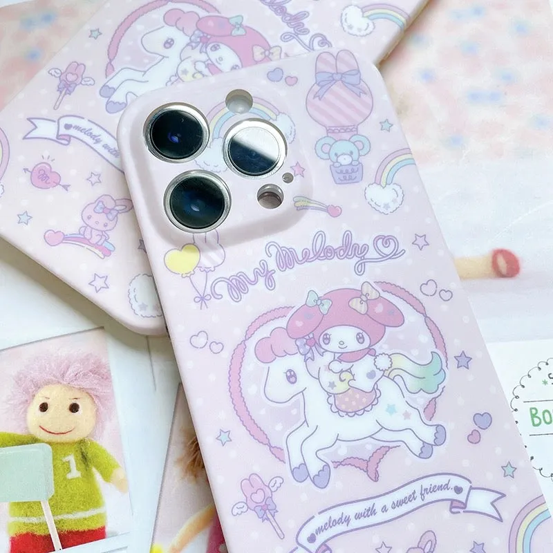 Japanese Cartoon My Melody with White Horse Pastel Matt iPhone Case 11 12 13 14 Pro Promax