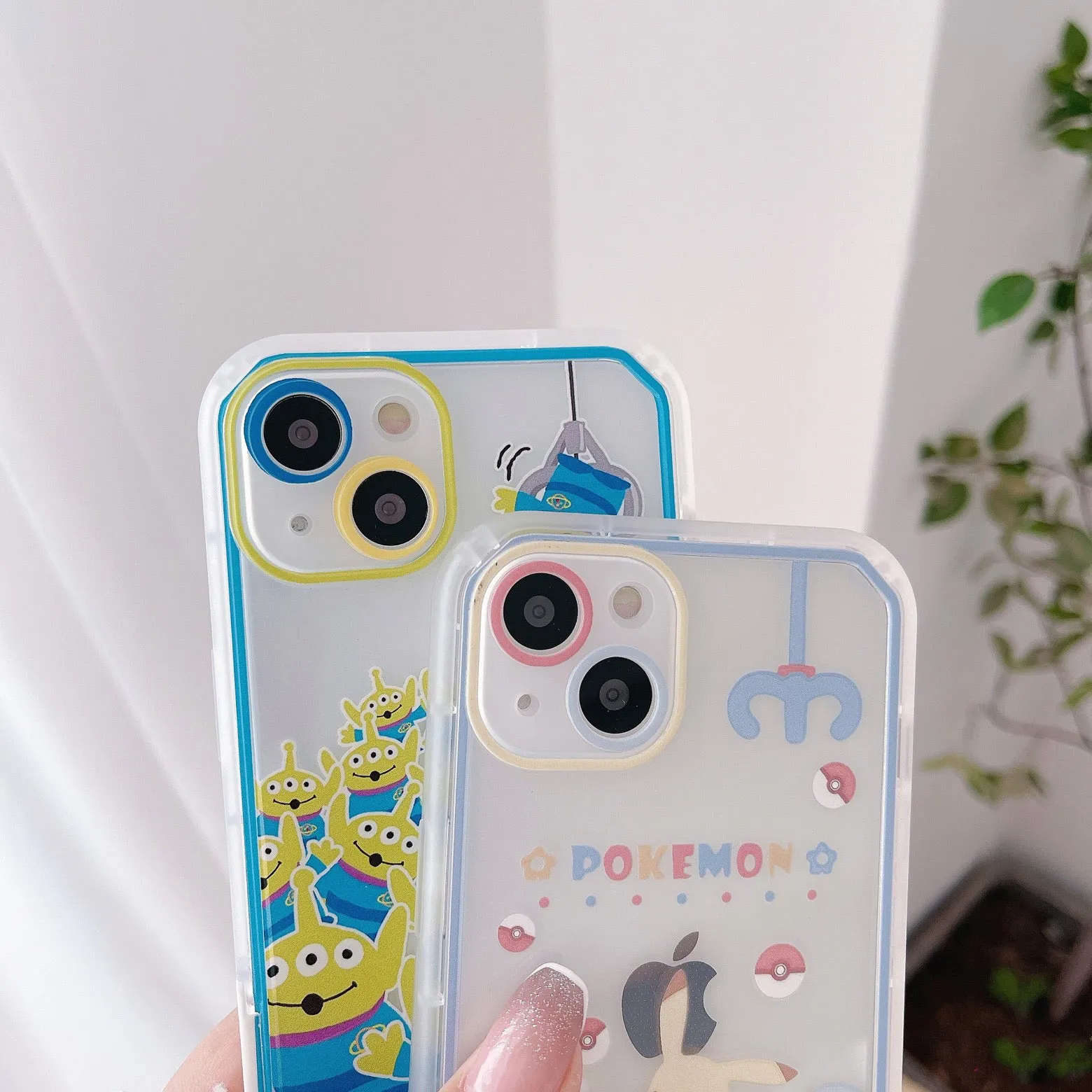 Japanese Cartoon Pastel Pokemon & Green Alien Clip Doll Machine iPhone Case with Stand 15 14 13 12 11 XS XR Pro Max Plus