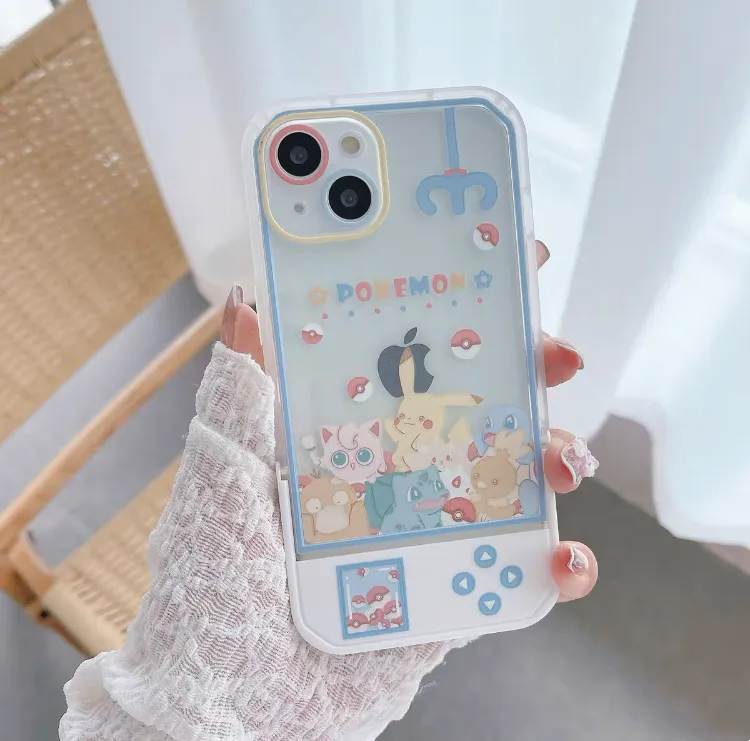 Japanese Cartoon Pastel Pokemon & Green Alien Clip Doll Machine iPhone Case with Stand 15 14 13 12 11 XS XR Pro Max Plus