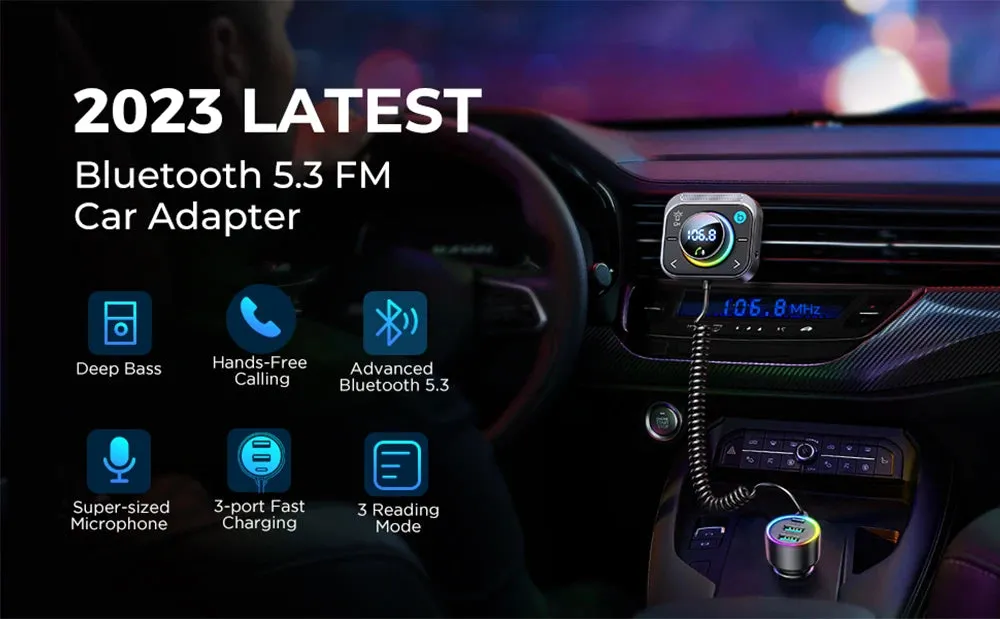 Joyroom Bluetooth 5.3 FM/AUX Bluetooth Car Charger Adapter Air Vent Installation 3 Ports PD&QC 3.0 FM Bluetooth Car Transmitter