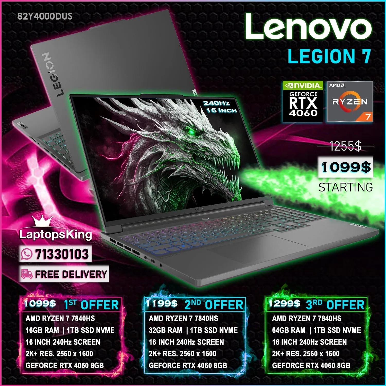 Lenovo Legion 7 82Y4000DUS Ryzen 7 7840hs Rtx 4060 240hz 2k  16" Gaming Laptops (New OB)