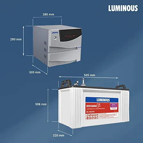 Luminous Inverter & Battery Combo (Cruze  2KVA Pure Sine Wave 2000VA/24V Inverter with Red Charge RC15000ST Short Tubular 120Ah Batterry - 2 Batteries) for Home, Office & Shops