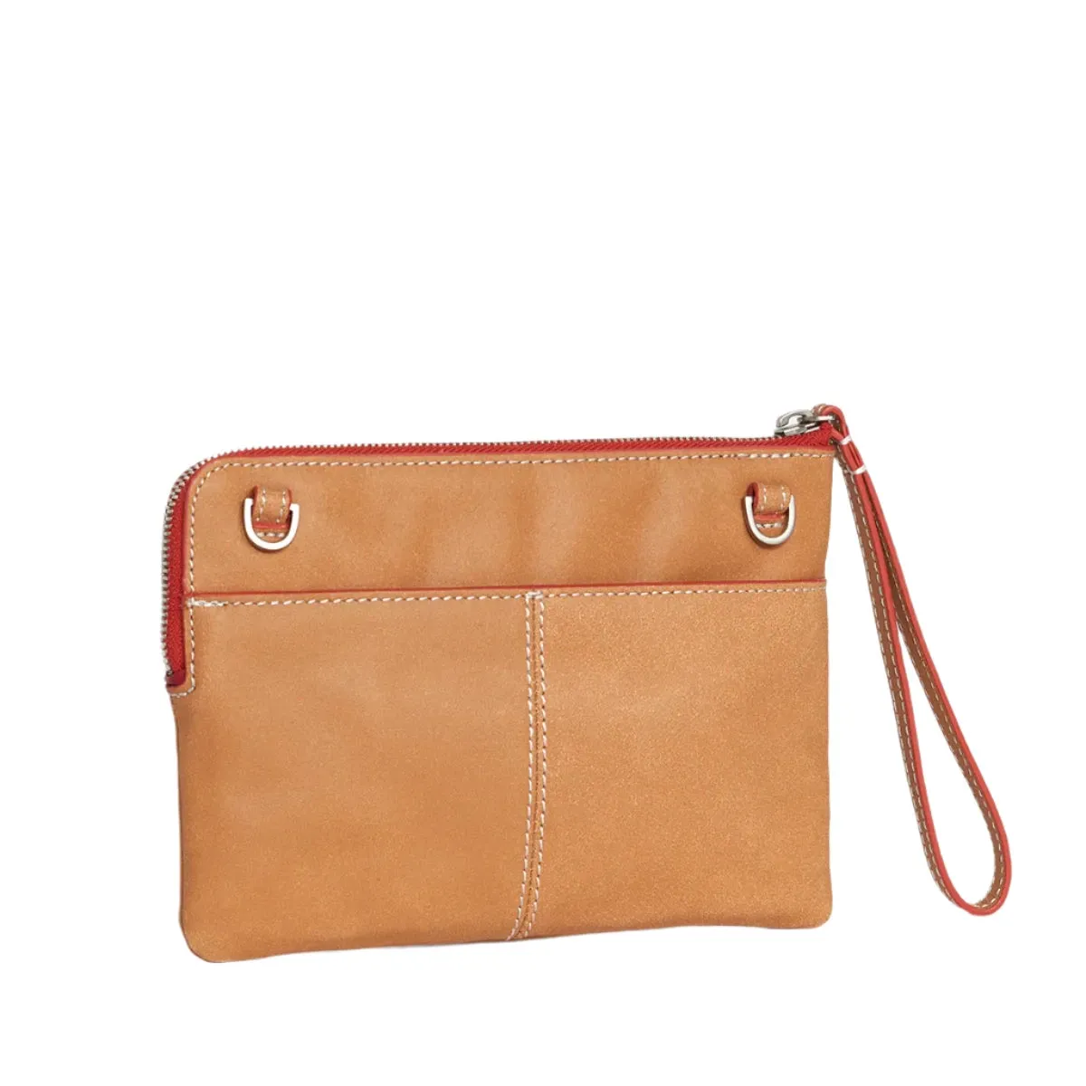 NASH SML Crossbody Clutch Wristlet in Croissant Tan/Silver with Red Zip