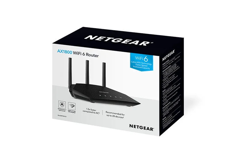 NETGEAR Nighthawk 4-Stream AX1800 WiFi 6 Router (RAX10) wireless router Gigabit Ethernet Dual-band (2.4 GHz / 5 GHz) Black