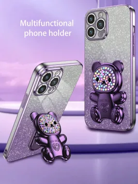 New Electroplated Anti-Fall Phone Case With Glitter Sticker, Cute Bear Electroplated Hidden Stand & Full Set Phone Case Compatible With Apple, Samsung, Xiaomi, Oppo, Vivo Kawaii